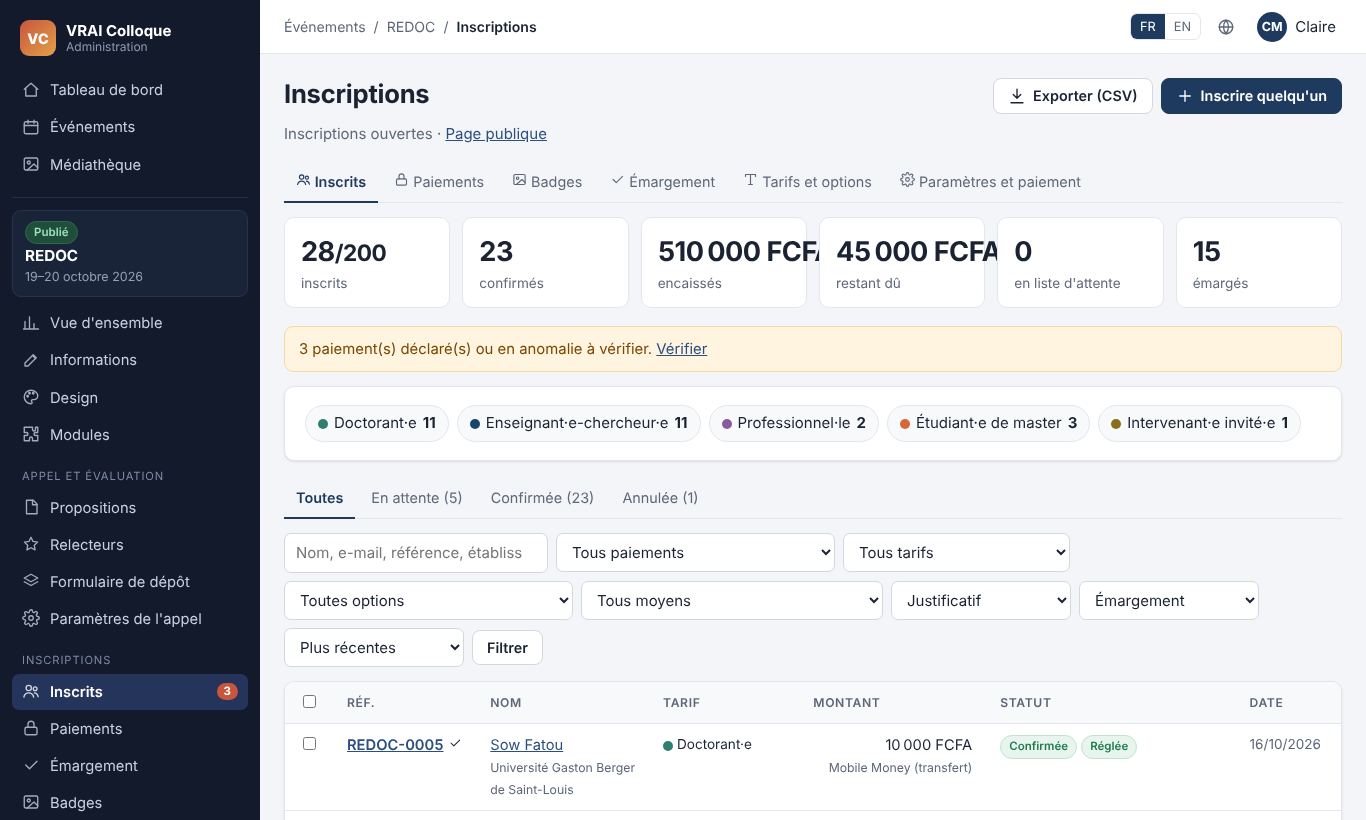 Inscriptions et paiements