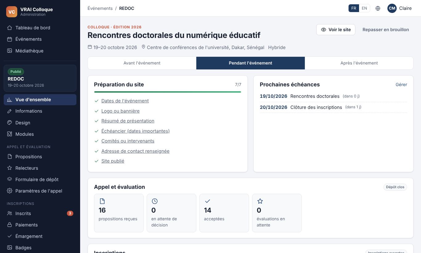 Tableau de bord de l'organisateur